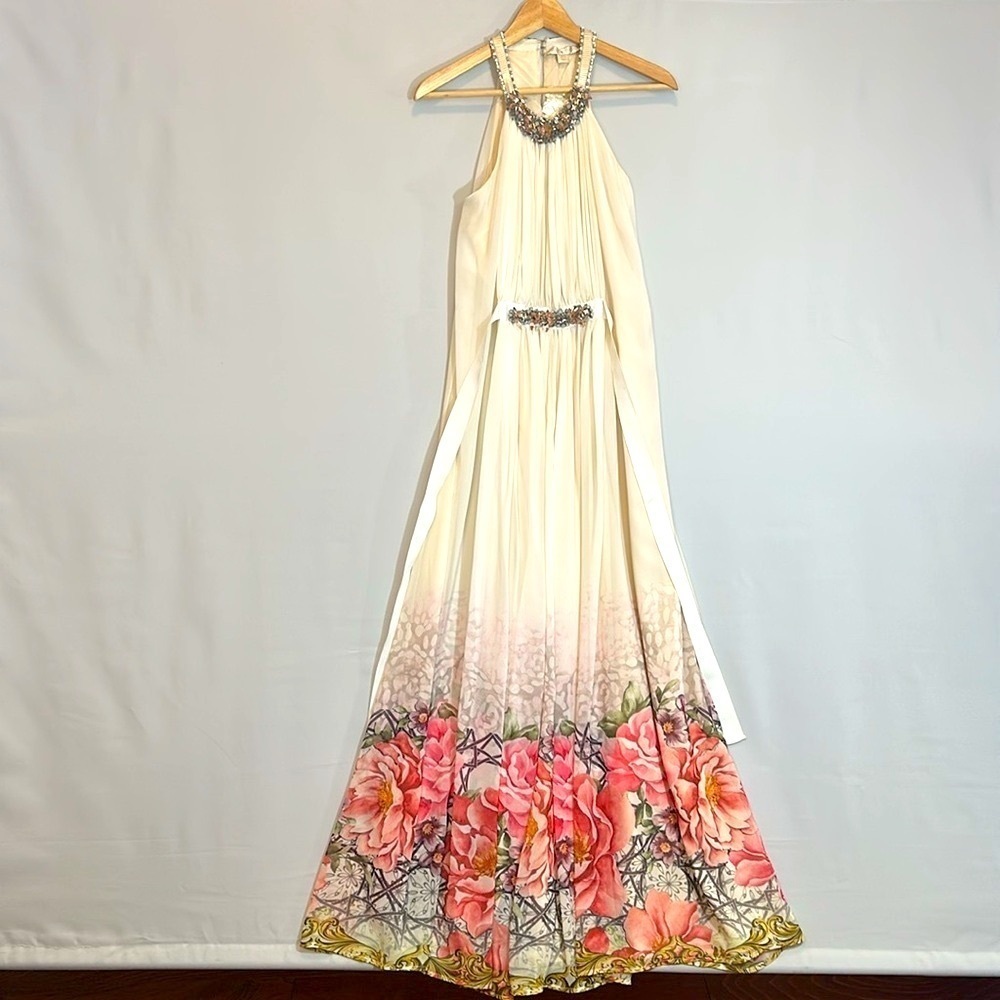 Boston Proper Women Size 0 Elegant Floral Halter Maxi Dress High Neck Rhinestone